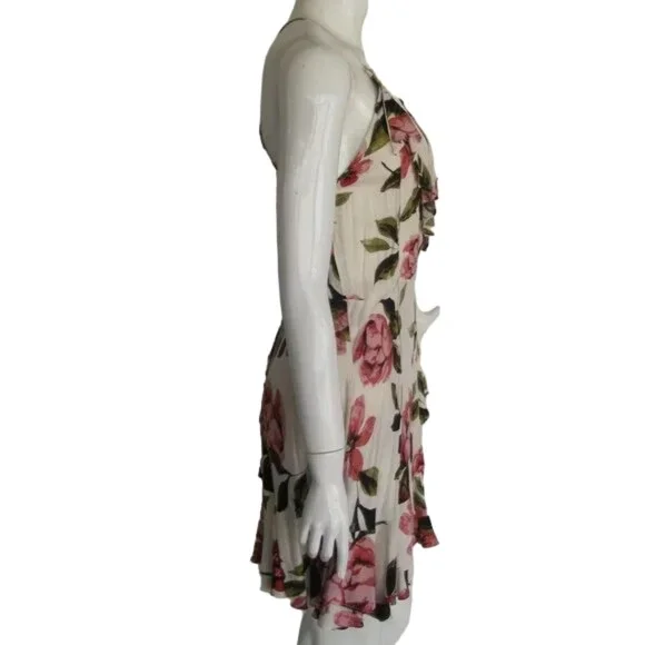 new OLIVACEOUS Mini Dress, L, White Floral, Ruffle, Surplice, Lace-up Back - Picture 8 of 14